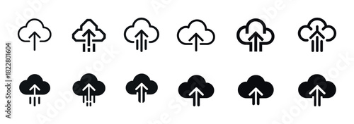 Cloud upload icons set in black and white with arrows