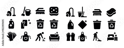 Cleaning and household icons set featuring tools and equipment
