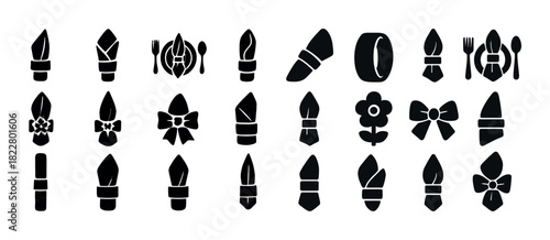 Various napkin arrangements and holders for elegant table settings