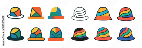 Colorful geometric hat designs in various styles and patterns