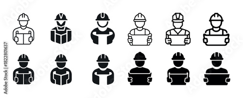 Icon set of engineers and architects in hard hats holding plans