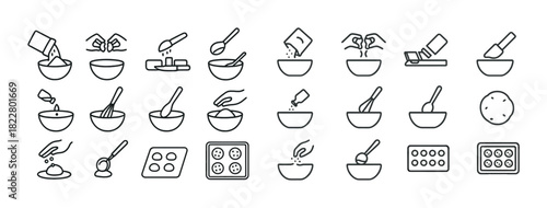 Step-by-step baking icons: mixing, kneading, baking tray preparation
