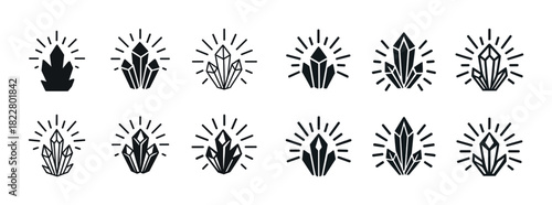Set of geometric crystal icons with radiant designs