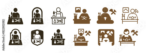 Artisan and crafting icon set with tools including brush and hammer