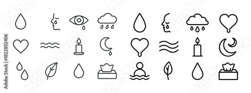 Minimalist nature and emotions icons collection: water drop, heart, cloud, candle, leaf, moon