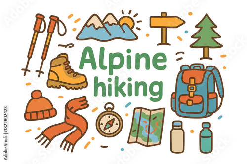 Alpine Hiking Doodle. Alpine hiking. Hand-drawn doodle illustration of alpine hiking. Hiking boots, trekking