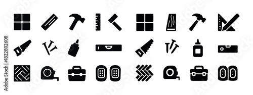 Collection of black construction and carpentry tool icons on white background
