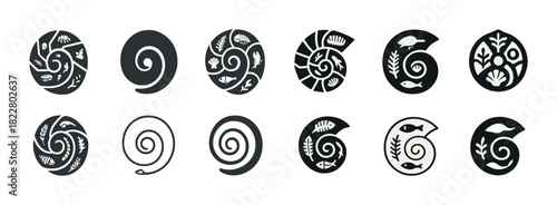 Set of nautical spiral logos with fish and leaf motifs in monochrome design