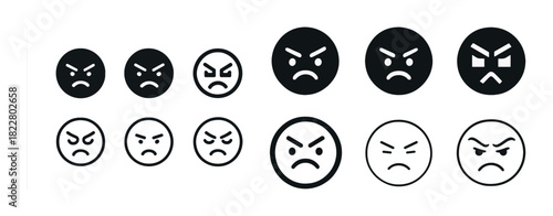 Set of angry face icons in various styles and expressions