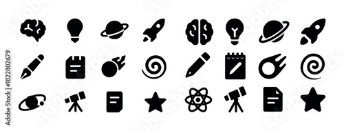 Set of science icons: brain, light bulb, rocket, astronomy, atom, telescope