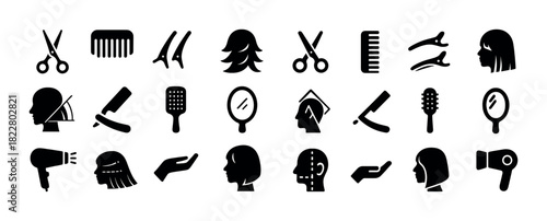 Hair salon icons set: scissors, brushes, mirrors, hairdryer, styling tools