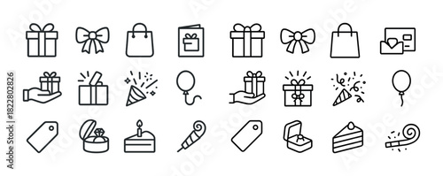 Gift and celebration icon set: presents, balloons, cakes, and party elements