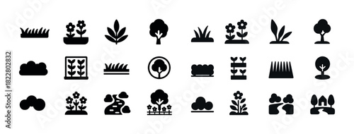 Silhouette icons of trees, plants, and gardens in various forms and arrangements