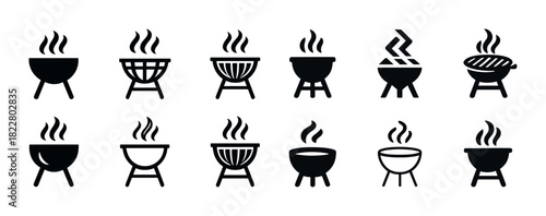 Set of twelve black bbq grill icons with smoke and heat symbols