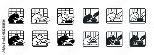 Monochrome hamster icons reading by window in various poses