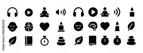 Mindfulness and relaxation icons collection: meditation, nature, and wellness symbols