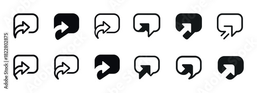 Variety of black and white share icons with arrows in speech bubbles