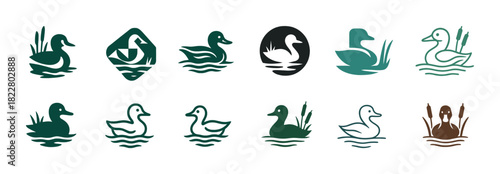 Stylized duck icons collection in various artistic designs and colors
