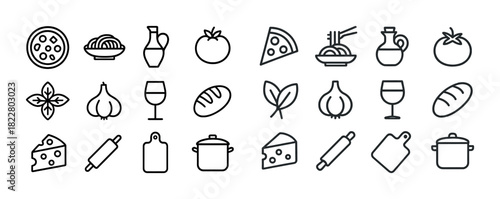 Icons of italian cuisine featuring pizza, pasta, garlic, tomato, and wine