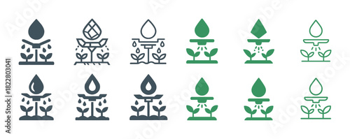 Set of watering plant icons in green and blue tones