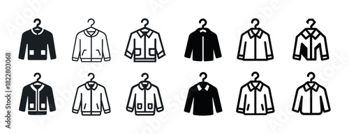 Collection of black and white jacket icons on hangers
