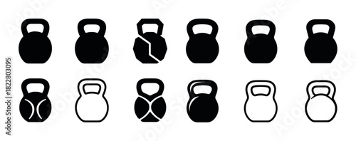 Diverse icon set of kettlebells in various styles and silhouettes