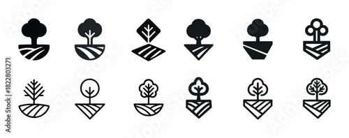 Minimalist tree and landscape icons collection in black and white