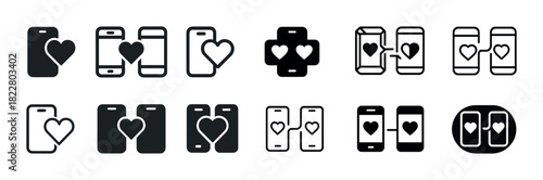 Set of mobile heart icons: diverse devices and heart shapes in minimalist style
