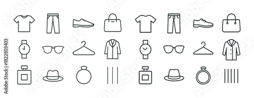 Minimalist clothing and accessories line icons set