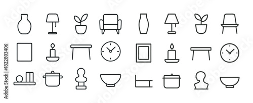 Simple line art icons of home decor and furniture items