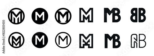 Collection of geometric monogram logos with letter m and b variations