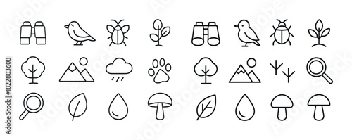 Nature outline icons: birds, trees, mountains, and miscellaneous objects in simple design