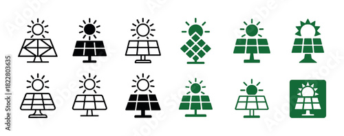 Solar panel icons in various styles: monochrome and green designs