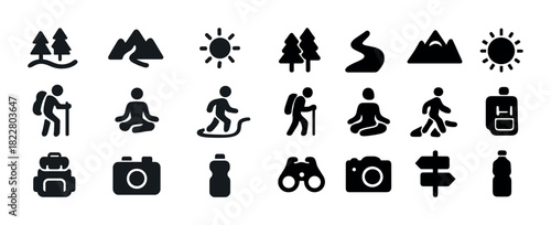 Outdoor adventure icons: hiking, yoga, nature, travel, and navigation symbols