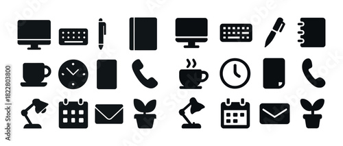 Icon set: technology, office, and household silhouettes