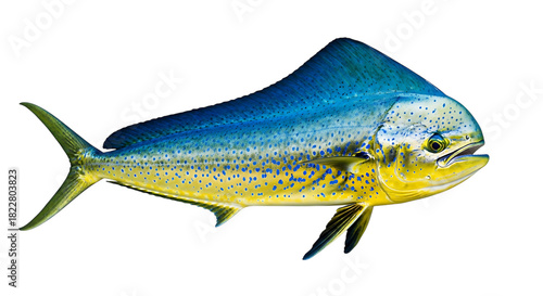 Mahi Fish, Vibrant with Blue Spots and Yellow Body, cutout, PNG isolated on white or transparent background dolphin fish dorado
