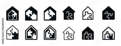 Set of puzzle house icons in various styles and configurations