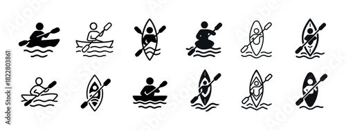 Kayaking icons collection: paddling silhouettes and symbols set