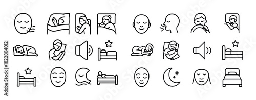 Sleep and relaxation icons including bed moon and sleeping faces
