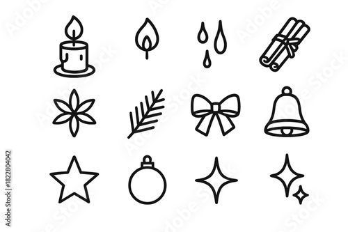 Festive Candle Icons. Festive Candle Scene. Line outline icon set of Festive Candle Scene: candle, flame, wax