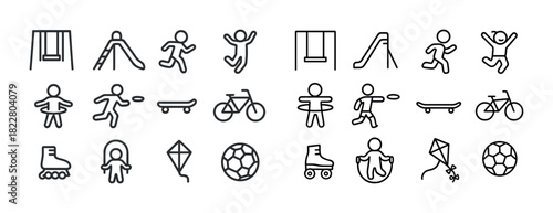 Simple line art of various outdoor play activities for kids