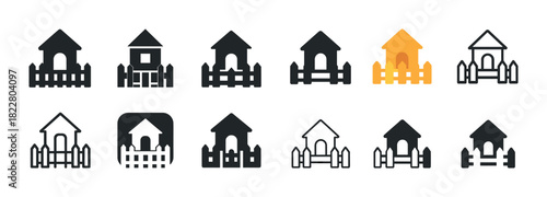 Dog house icons: variety of designs with fences
