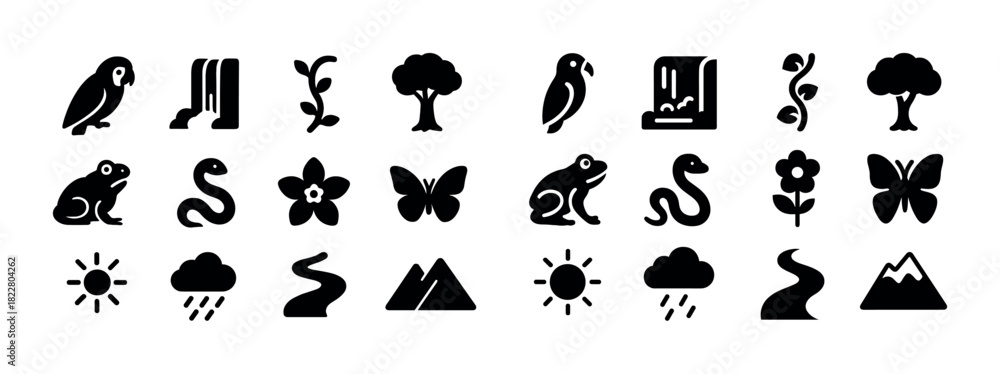 Naklejka premium Nature icons: animals, plants, and landscape elements in simple black silhouette style