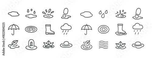 Weather icons: rain boots, umbrella, puddle, cloud, splash
