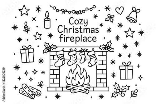 Cozy Christmas Fireplace. Cozy Christmas fireplace. Hand-drawn doodle illustration of Cozy Christmas fireplace