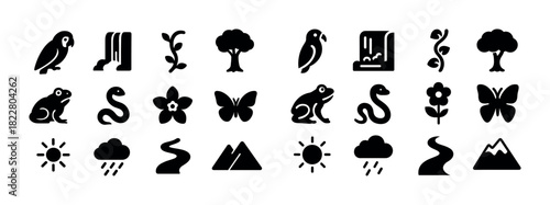Nature icons: animals, plants, and landscape elements in simple black silhouette style