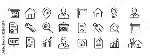 Real estate icons: house, sale, rent, agent, key, contract, growth chart