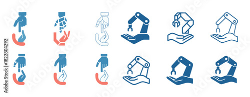 Human and robotic hands collaboration icons in various styles and colors