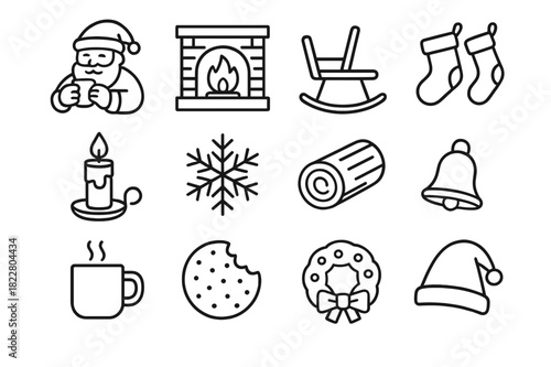 Santa by Fire Icons. Santa by the Fire. Line outline icon set of Santa by the Fire: Santa drinking cocoa,