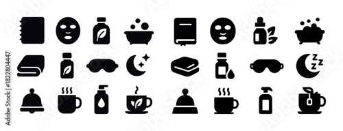 Spa and relaxation icons: skincare, bath, tea, sleep, wellness symbols